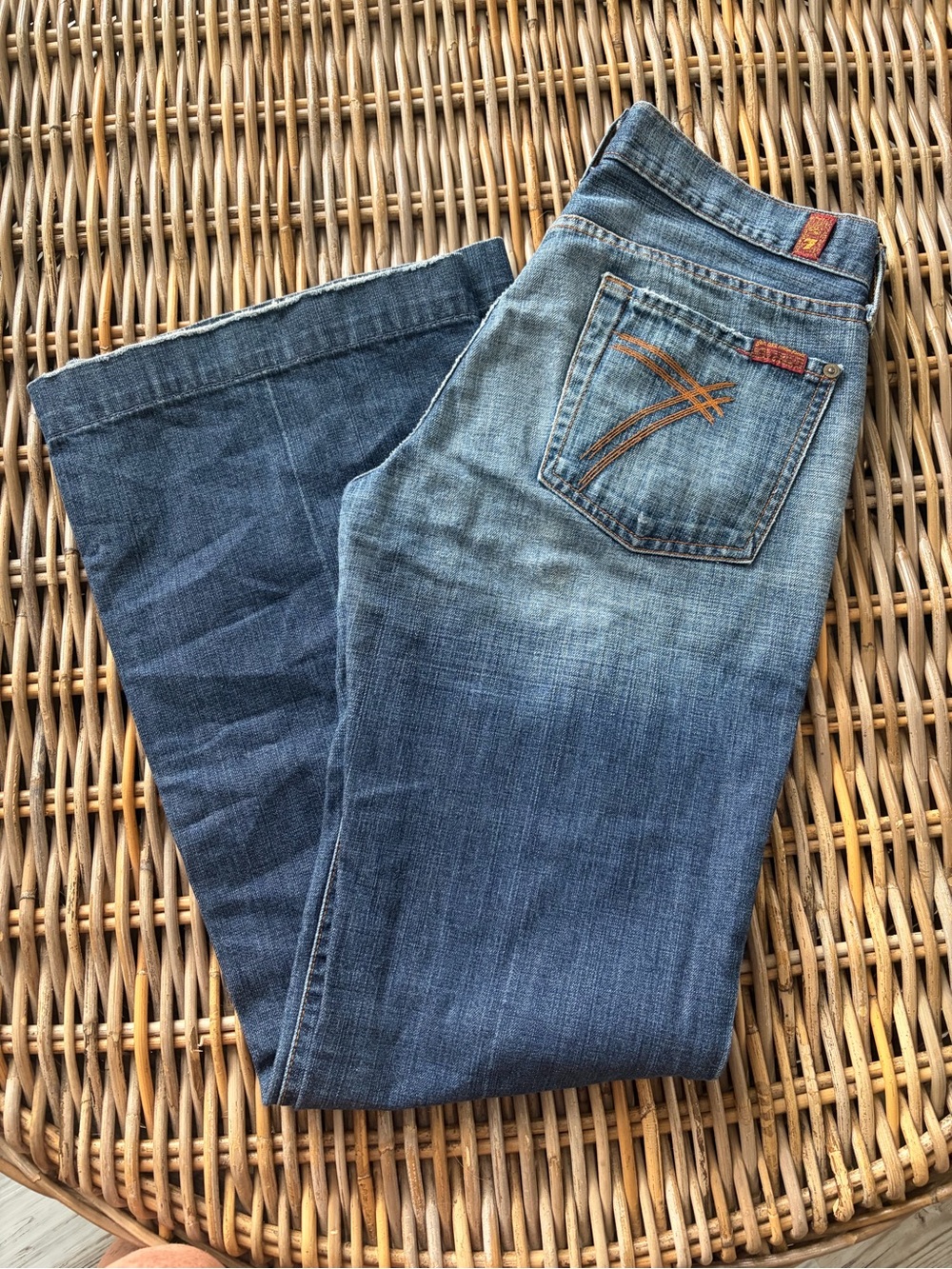 7 For All Mankind Bootcut Jeans in Medium Blue with Orange Stitching